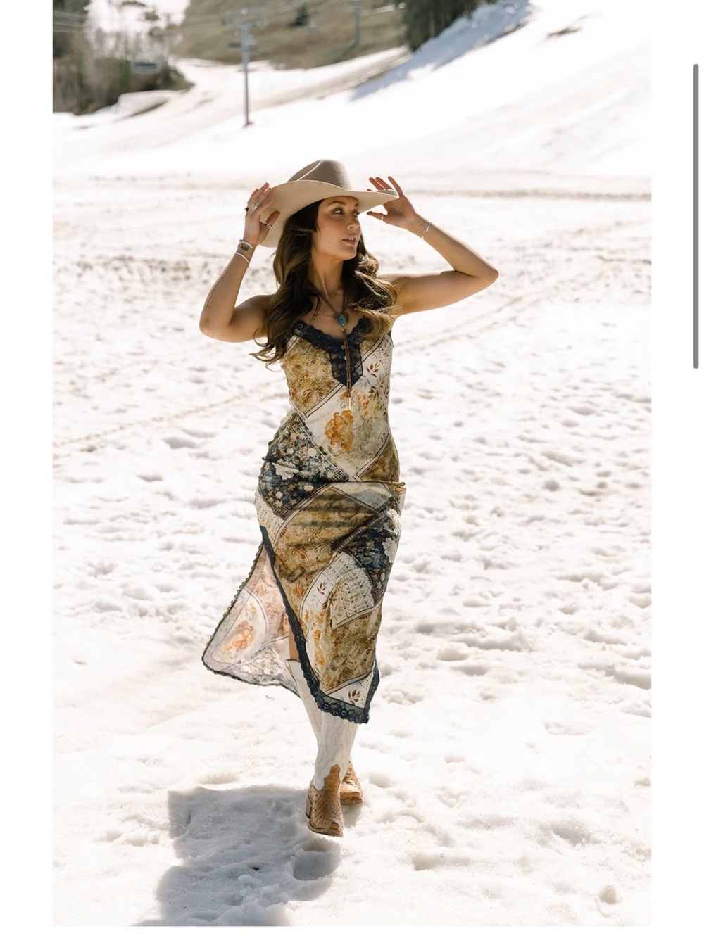 Bandana Maxi Slip Dress with Lace Trim - TAN NAVY COMBO
